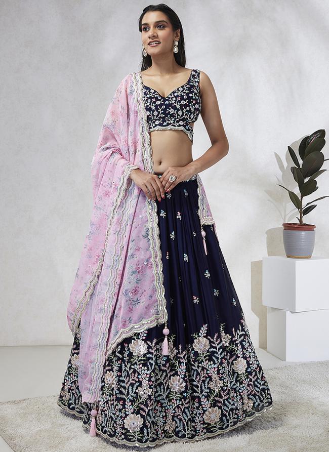 Poly Georgette Navy Blue Wedding Wear Sequinned Lehenga Choli